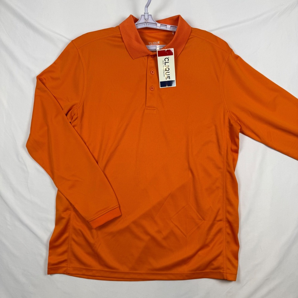Clique Mens Long Sleeve Performance Polo Shirt Orange Large MQK00079 NWT
